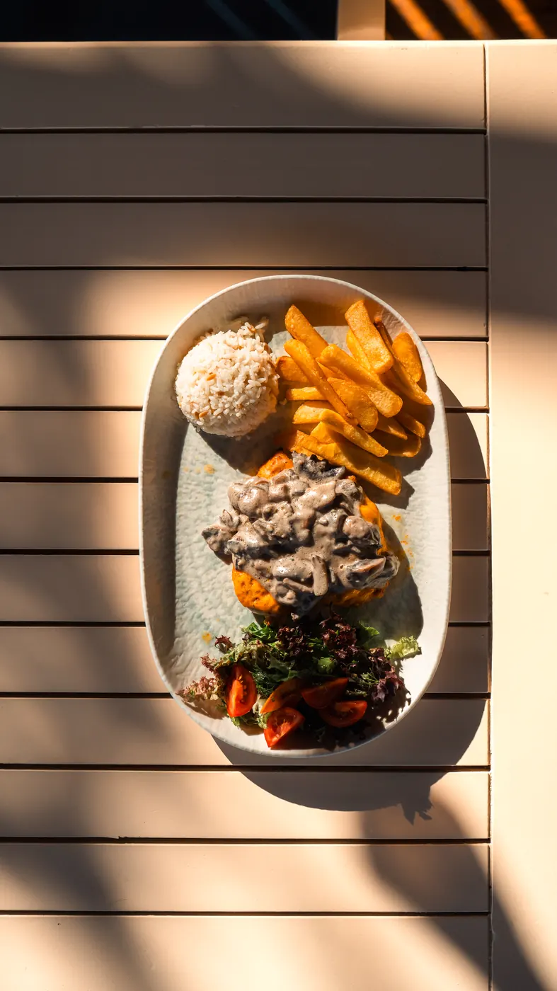 Meat plate with fries and rice